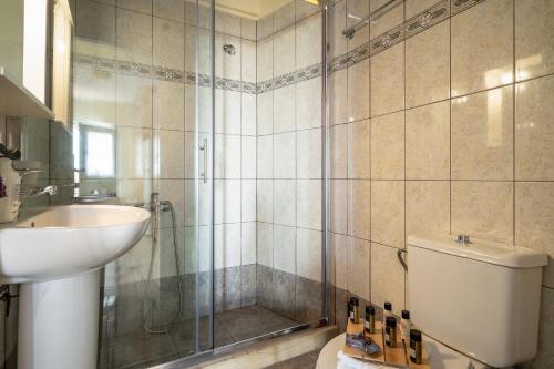 y baño con ducha, aseo y lavamanos. en Afroksilia Villa Yakinthos, en Katouna