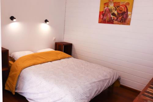 a bedroom with a bed and a painting on the wall at LE TUIT TUIT in Petite Île