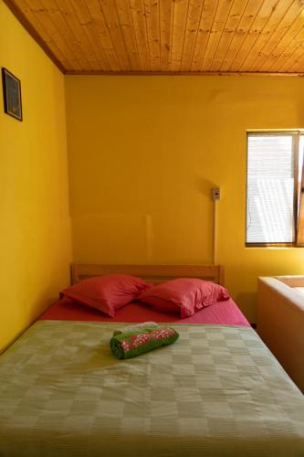 a bedroom with a bed with red pillows at Pensiunea Novac in Durau
