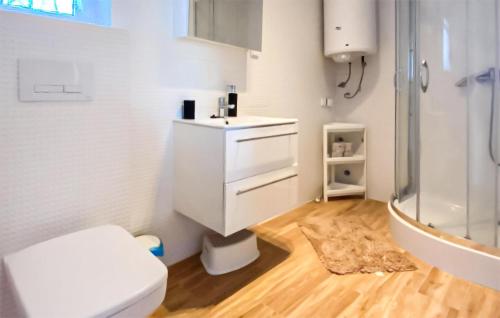 uma casa de banho com um WC, um lavatório e um chuveiro em Amazing Home In Tlen With Kitchen em Tleń