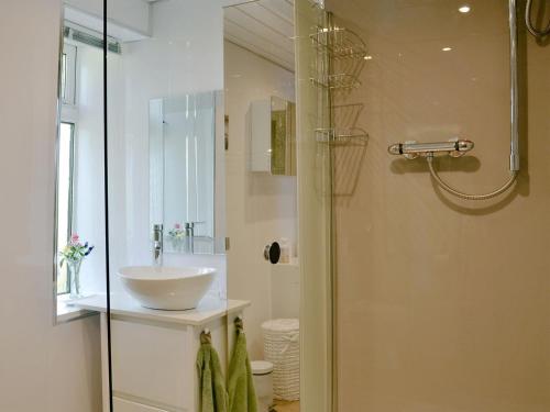 a bathroom with a sink and a shower at Honeysuckle Cottage in Springside