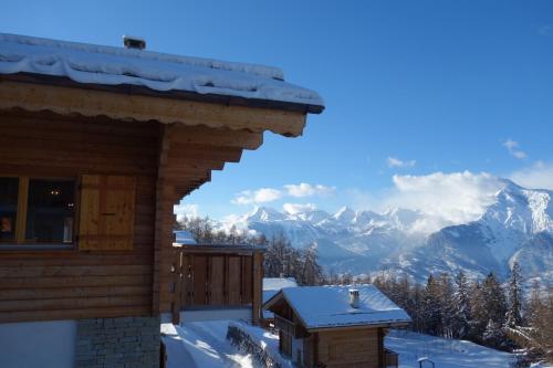 a log cabin with a view of the mountains at Hirondelle JACUZZI & LUXURY chalet 12 pers by Alpvision Résidences in Veysonnaz