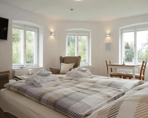 a bedroom with two beds and a table and windows at Grüne Wiese - Gäste-Minibungalow in der Edermühle in Grosspertholz