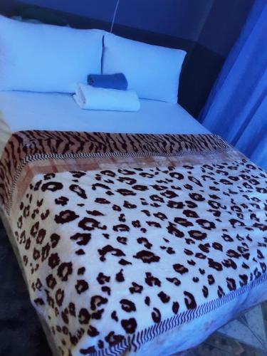 a bed with a black and white leopard print sheets at Waltershort Guest House and Bed and Breakfast in Pietermaritzburg