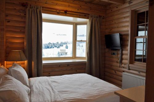 a bedroom with a bed and a window and a television at Chalet de Charme, Cedars, Lebanon, Balcony Floor in Al Arz