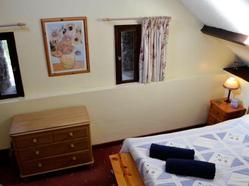 um quarto com uma cama, uma cómoda e uma janela em Buzzard Cottage em Devynock