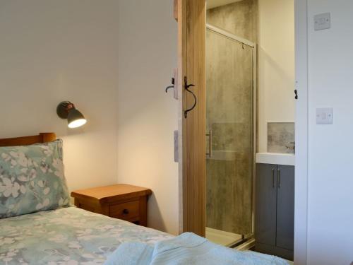 a bedroom with a bed and a glass shower at Pistyll Gwyn in Llanwrthwl