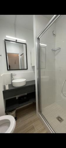 une salle de bain avec une douche, des toilettes et un lavabo dans l'établissement Le grand large 