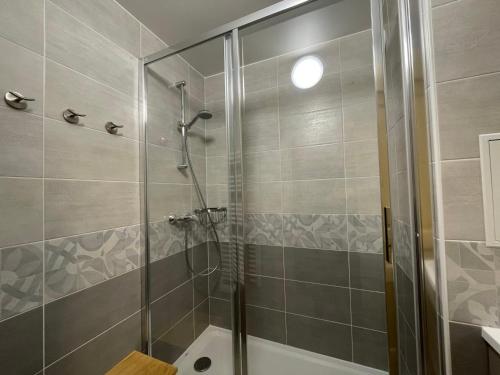 a shower with a glass door in a bathroom at Appartement rénové au pied des pistes avec balcon exposé sud pour 4 personnes - FR-1-452-365 in Les Menuires
