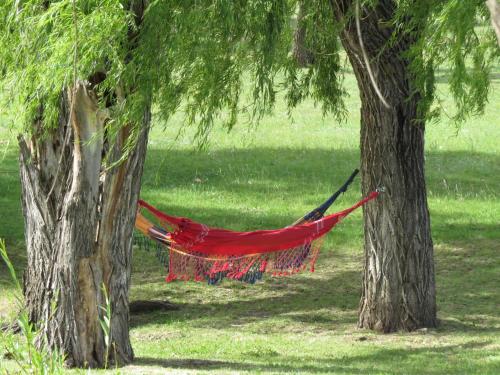 a hammock between two trees in a park at Los Ancares Resort in Mina Clavero