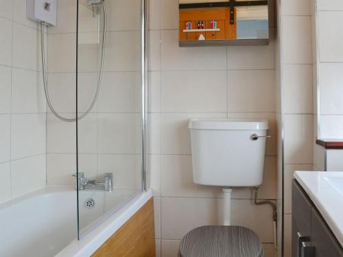 a bathroom with a toilet and a shower and a sink at Beul-an-latha in Saint Abbs