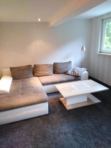 - un salon avec un canapé et une table dans l'établissement Wohnung im Grünen in Olsberg, à Olsberg