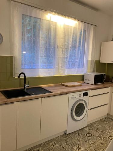 a kitchen with a sink and a washing machine at Casa Abel in Campione dʼItalia
