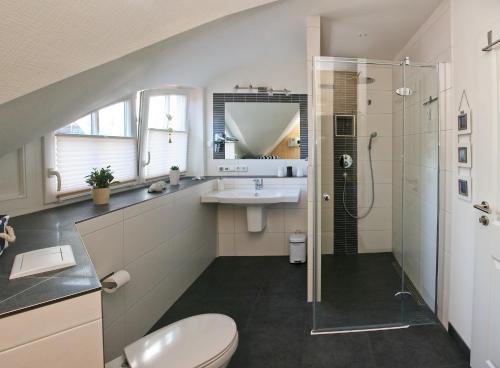 a bathroom with a toilet and a sink and a shower at "Zingster Traum 2" Müggenburger Weg 36 a in Groß Kirr