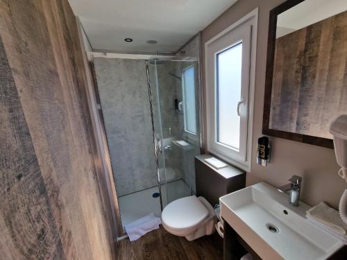 a bathroom with a shower and a toilet and a sink at Seaside-Resort in Geiselwind