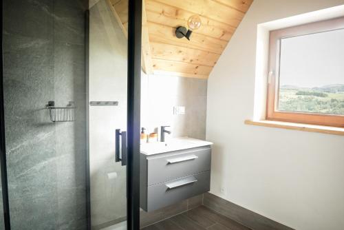 ein Bad mit einem Waschbecken und einer Dusche in der Unterkunft Grojcówka in Żywiec
