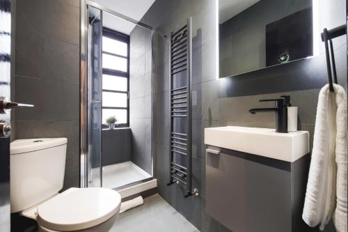 a bathroom with a toilet and a sink and a shower at Langdon Brooks Apartments in London