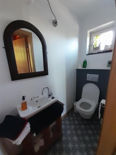 Un baño con lavabo, inodoro y espejo. en Au Bout du Village, en Stoumont
