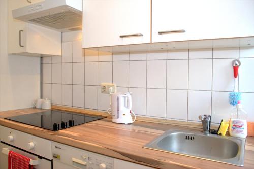 eine Küche mit einer Spüle und einer Arbeitsplatte in der Unterkunft Mainhatten Apartment in Frankfurt am Main