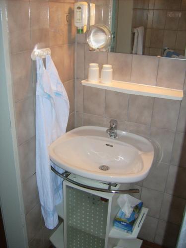 a bathroom with a sink and a mirror at Gästehaus Hochrhönblick in Schönau an der Brend