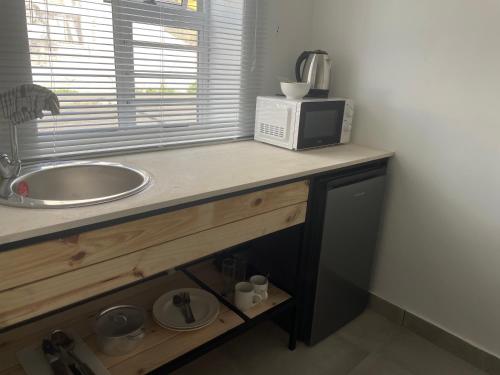 a kitchen counter with a sink and a microwave at 15 On Burns Guesthouse in Cape Town