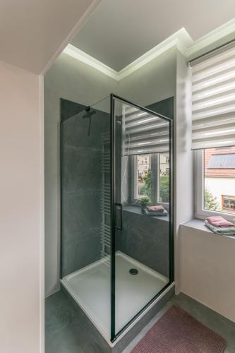 a glass shower in a bathroom with a window at Ferienappartements-Milina in Rathmannsdorf