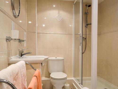 a bathroom with a shower and a toilet and a sink at The Coach House - UK30397 in Calvo