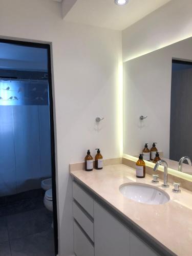 a bathroom with a sink and a mirror at Departamento para 3 con parrilla privada y PILETA! in Salta