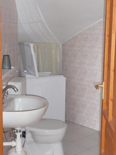 uma casa de banho com um WC branco e um lavatório. em Nádas Társasház em Balatonlelle