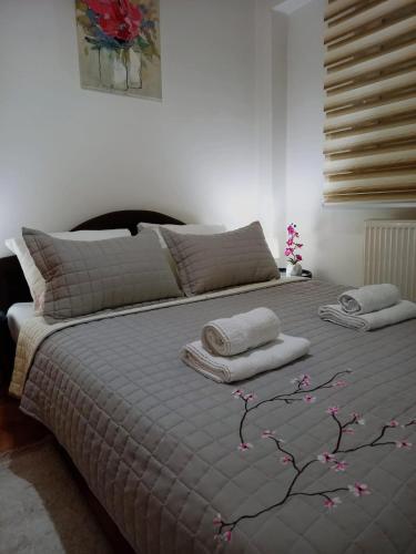 a bedroom with a bed with towels on it at Apartman Sky in Bijeljina