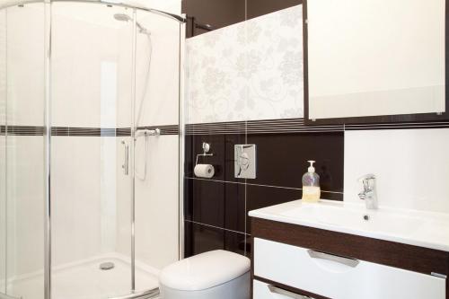 a bathroom with a shower and a toilet and a sink at Apartment in the centre of Lviv in Lviv