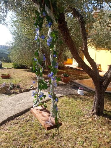 a tree with glass flowers on a wooden bench at Alloggio turistico La Maison de Matì in Monterotondo