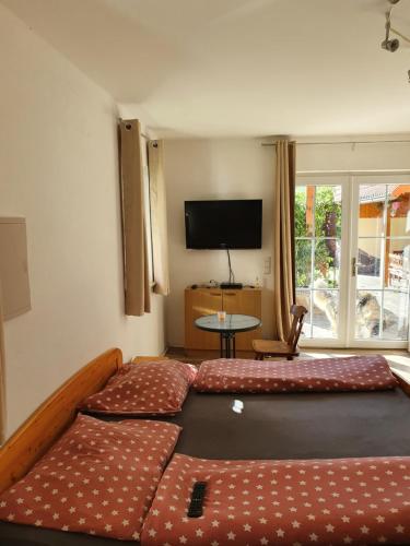 sypialnia z dużym łóżkiem i telewizorem w obiekcie Ferienwohnungen Forever w mieście Gamlitz