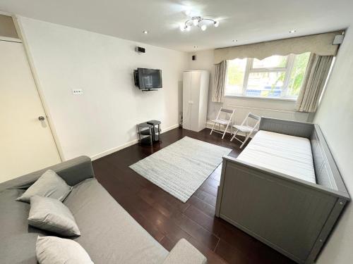 een woonkamer met een bank en een tv bij Large apt close to central LDN in Londen