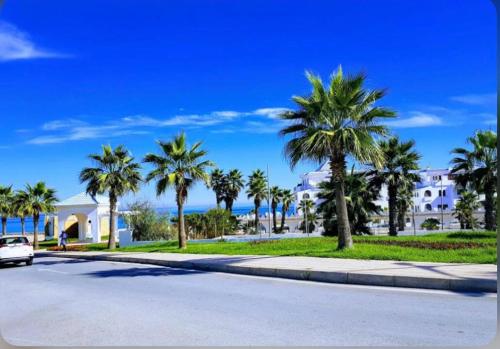 a street with palm trees and a car on the road at Appartement Charmant in Fnidek