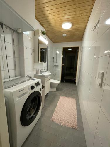 a washing machine in a bathroom with a sink and a toilet at River in Rovaniemi