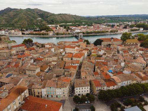 an aerial view of the city and river at Le DrômArdèchois - Gîte meublé 6 personnes Tournon sur Rhône - ÉCOLODGÎTE in Tournon-sur-Rhône
