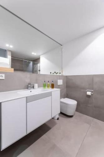 Baño blanco con lavabo y aseo en Wonderful Two Bedroom Apartment at Limpertsberg with Parking, near Tram, en Luxemburgo