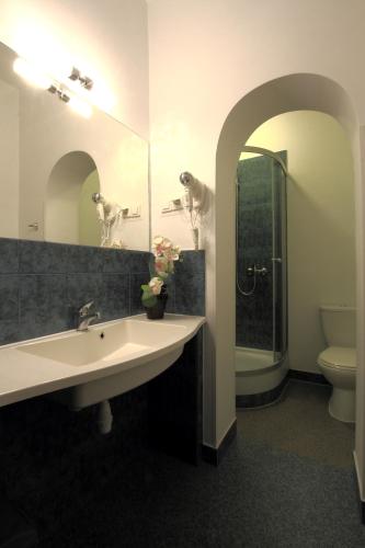 a bathroom with a sink and a shower and a toilet at Villa Lido in Gdańsk