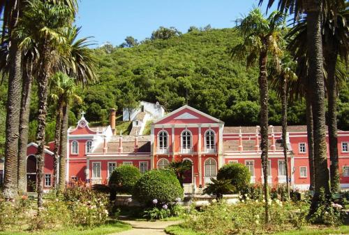 une grande maison rouge avec des palmiers devant elle dans l'établissement Parque Verde 1 - AL, à Torres Vedras