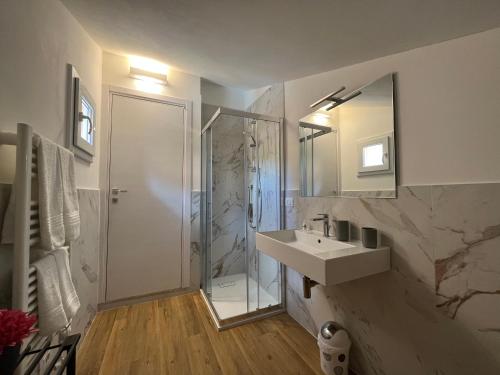 La salle de bains est pourvue d'une douche, d'un lavabo et d'un miroir. dans l'établissement Guest House All'83, à Grosseto