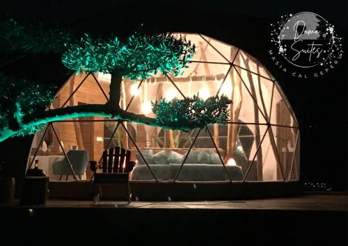 un invernadero con un árbol por la noche en Domo Suites Masía Cal Geperut, en Badalona