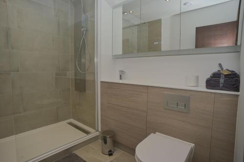 y baño con ducha, aseo y espejo. en Amazing Central Southend,2-bedroom flat,10th floor, en Southend-on-Sea