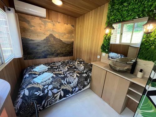 La Cabane Du Champ Du Possible في Uxeau: غرفة صغيرة مع سرير في الحمام