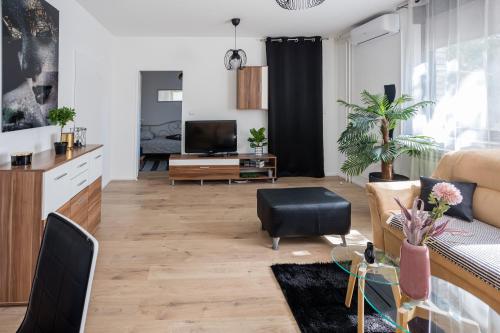 - un salon avec un canapé et une télévision dans l'établissement Apartman "Stay In" Osijek, à Osijek
