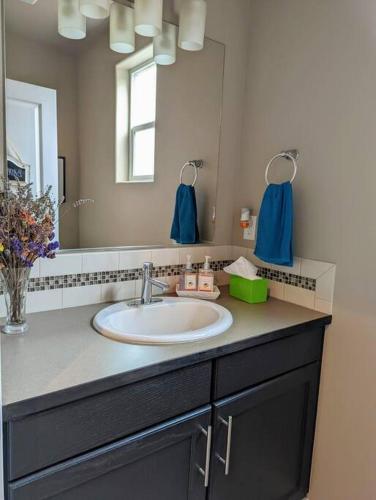 a bathroom with a sink and a mirror at Spacious 3-bedroom home with outdoor space in Eugene