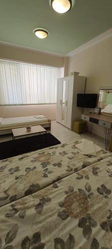 an empty room with a bed and a table at Aheloy Apartments in Aheloy