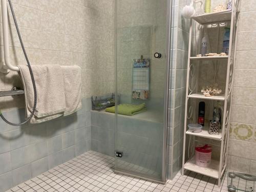 eine Dusche mit Glastür im Bad in der Unterkunft HAUS AURORA - im Grünen, zentral gelegen in Zweibrücken