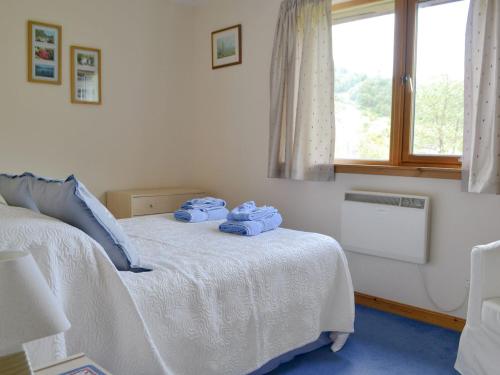 um quarto com uma cama com toalhas azuis em Glen View Cottage em Achmore