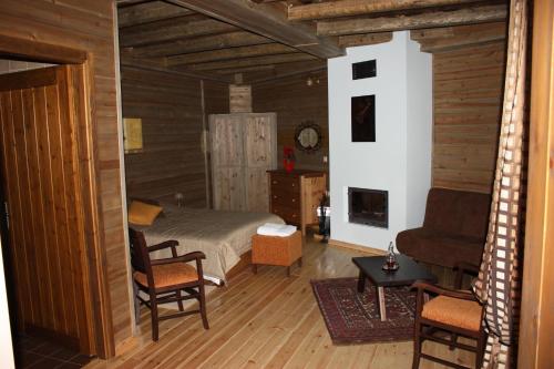 1 dormitorio con 1 cama, 1 silla y chimenea en Veternik 1959, en Neraidochori